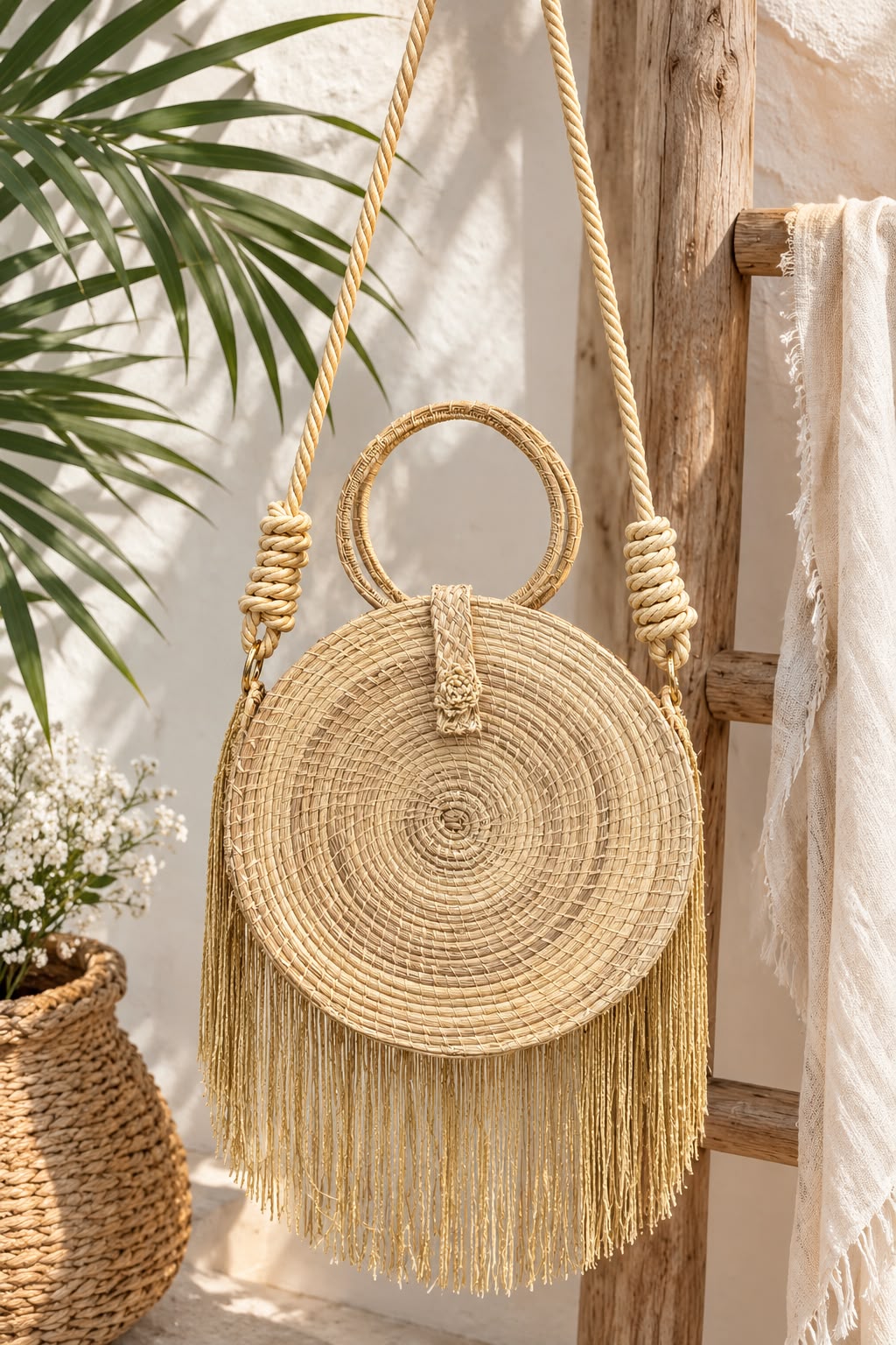 Bolsa Redonda con Flecos Beige